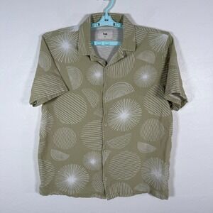 Folk Shirt Mens XL Green Button Up Short Sleeve Camp Collar Beach Casual